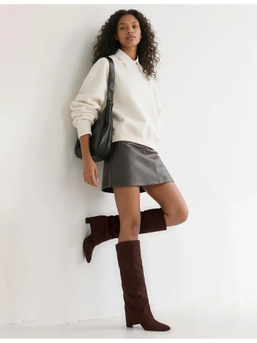 Women's Suede Chocolate Pointed Toe Chunky Heel Faux Leather Over The Knee Boots